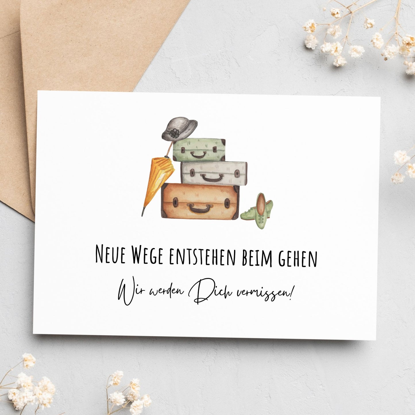 Karte Abschied, neue Wege entstehen beim Gehen, Postkarte Koffer DIN A6
