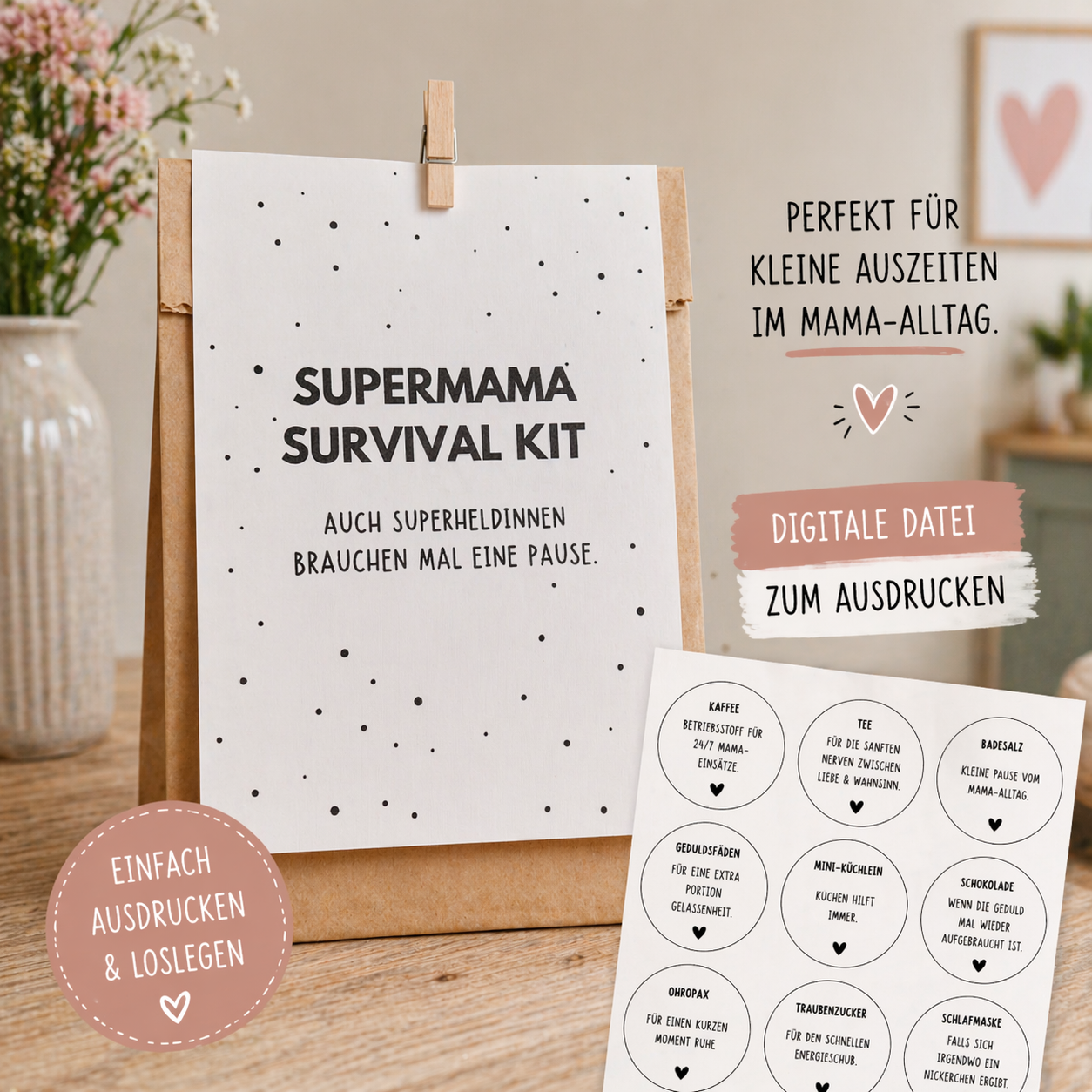 Supermama Survival Kit – Geschenk für Mama | DIY Auszeit Geschenk | Digitale Datei zum Ausdrucken