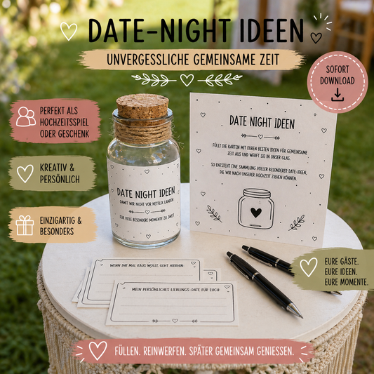 Date Night Ideen Glas – Hochzeitsgeschenk & Hochzeitsspiel zum Ausdrucken | DIY Gästebuch Alternative | Sofort Download