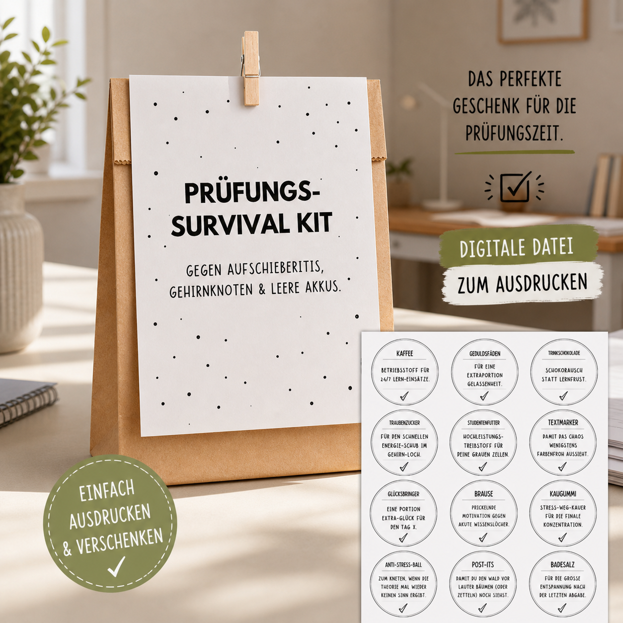 Prüfungs Survival Kit | Digitale Vorlage zum Ausdrucken (PDF)