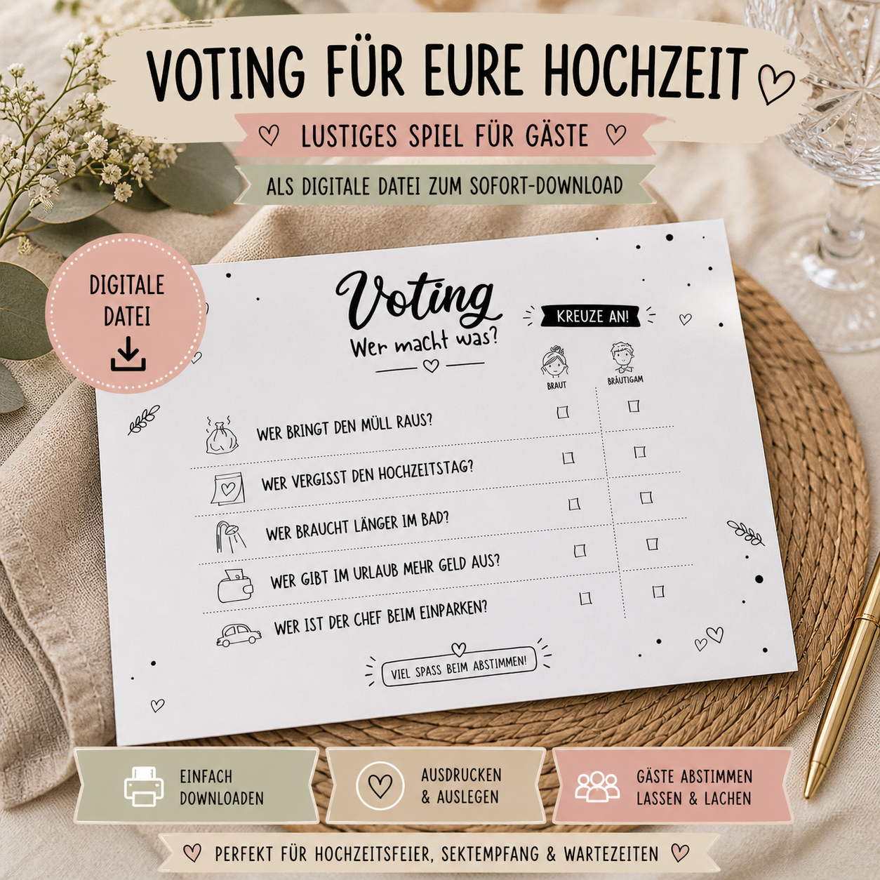 Voting Hochzeitsspiel | Digitale Vorlage zum Ausdrucken (PDF)