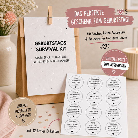 Geburtstags Survival Kit – Lustige Geschenkidee zum Ausdrucken (PDF Download)