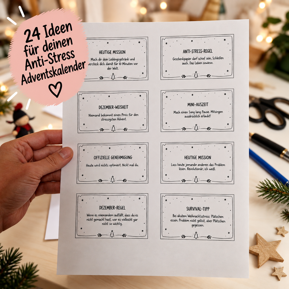 Anti Stress Adventskalender zum Ausdrucken | 24 lustige Aufgaben & Sprüche | Selfcare Adventskalender PDF
