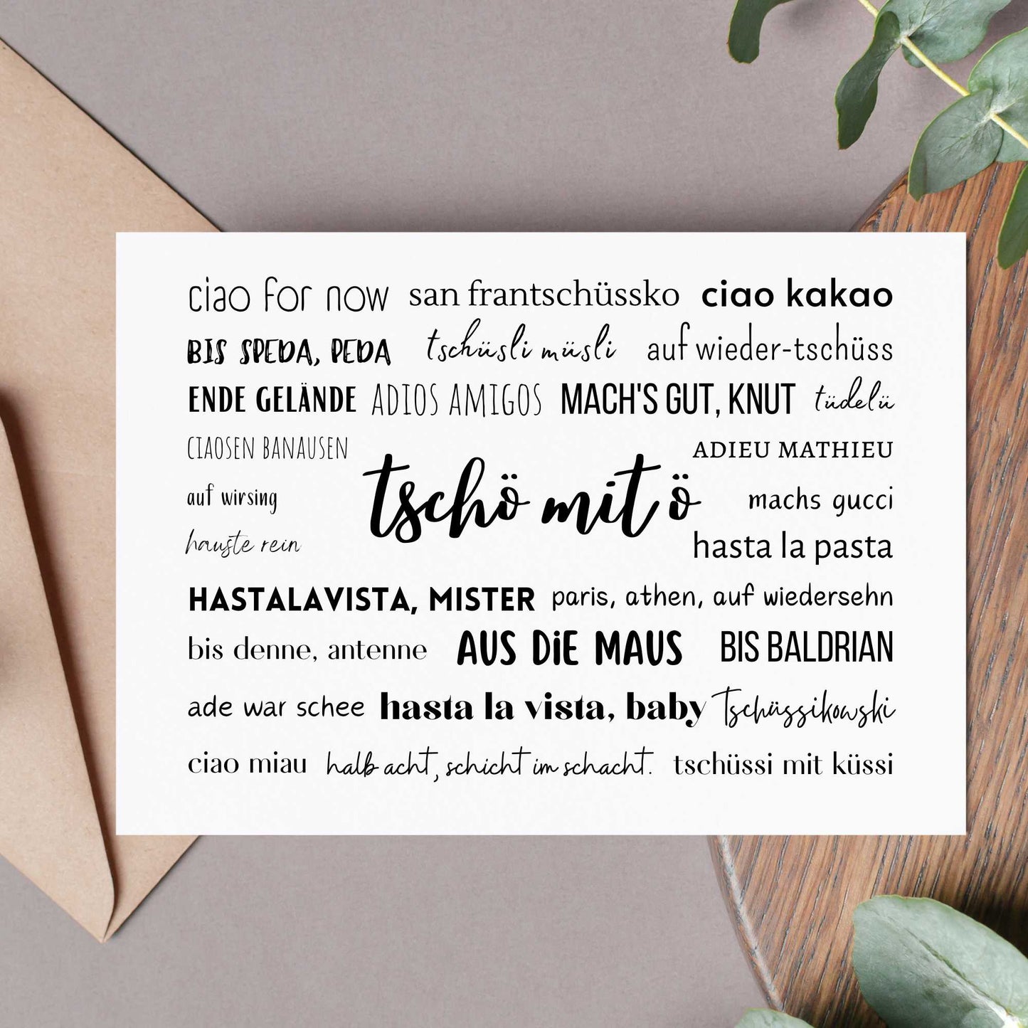 Karte Abschied, tschö mit ö, Postkarte tschüß, lustig, Abschied Kollege, DIN A6