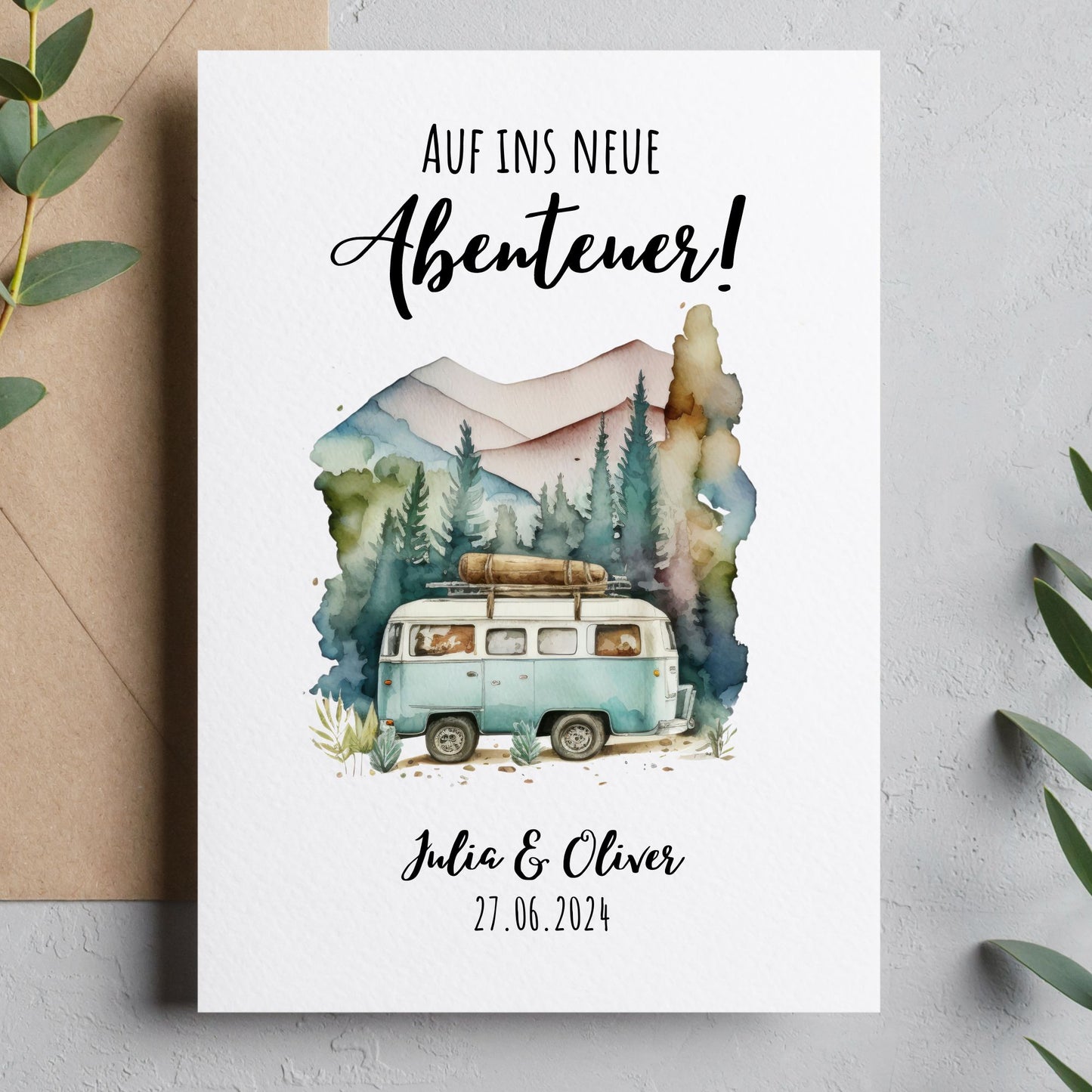 Karte zur Hochzeit, Camping, Bulli, Outdoor, personalisiert mit Namen und Datum, DIN A6, Vanlife, Wohnwagen
