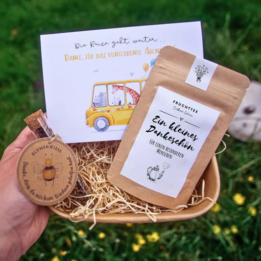 Abschiedsgeschenk Kindergarten, Krippe, für Erzieher, Tee, Blumensamen, Geschenkset, Klappkarte