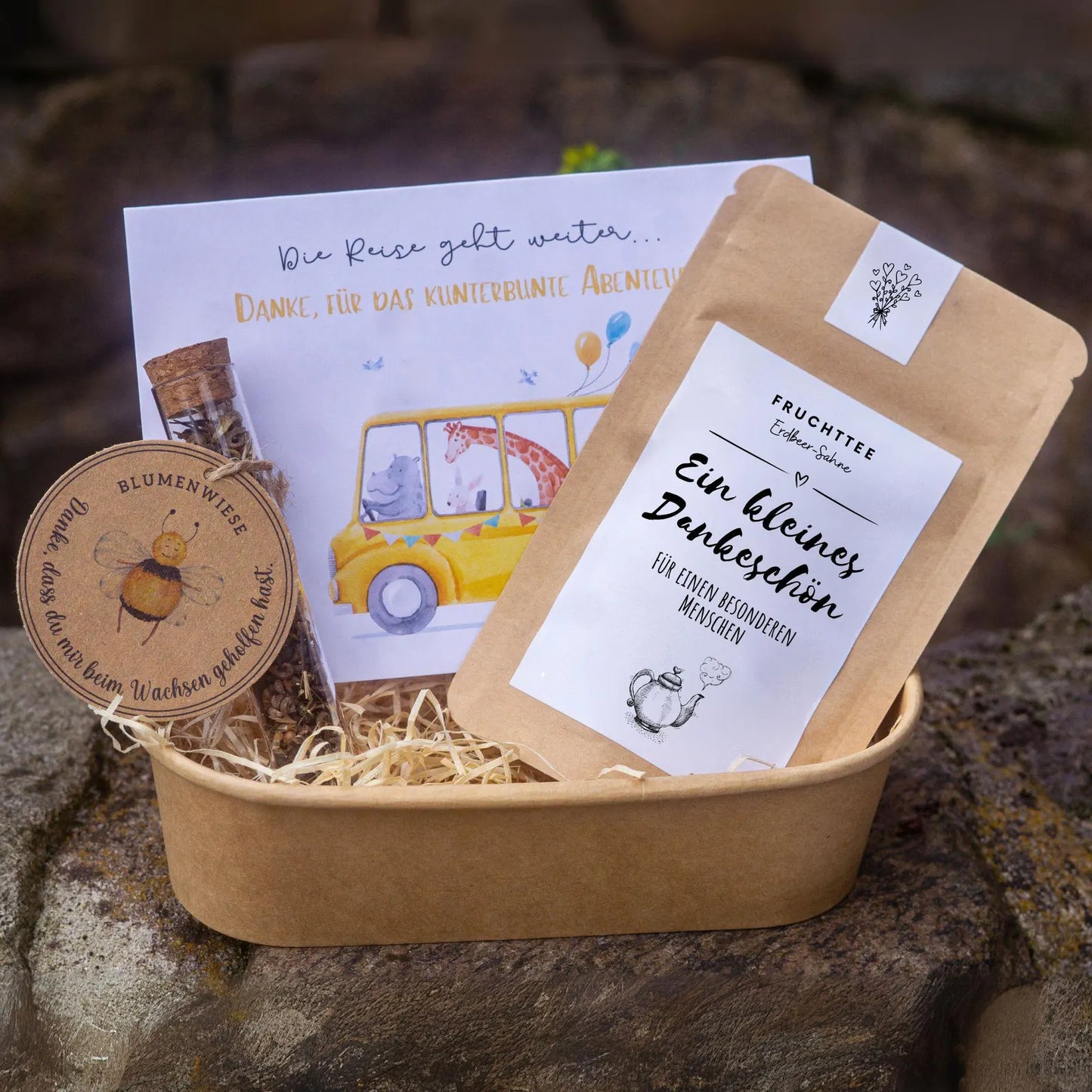 Abschiedsgeschenk Kindergarten, Krippe, für Erzieher, Tee, Blumensamen, Geschenkset, Klappkarte