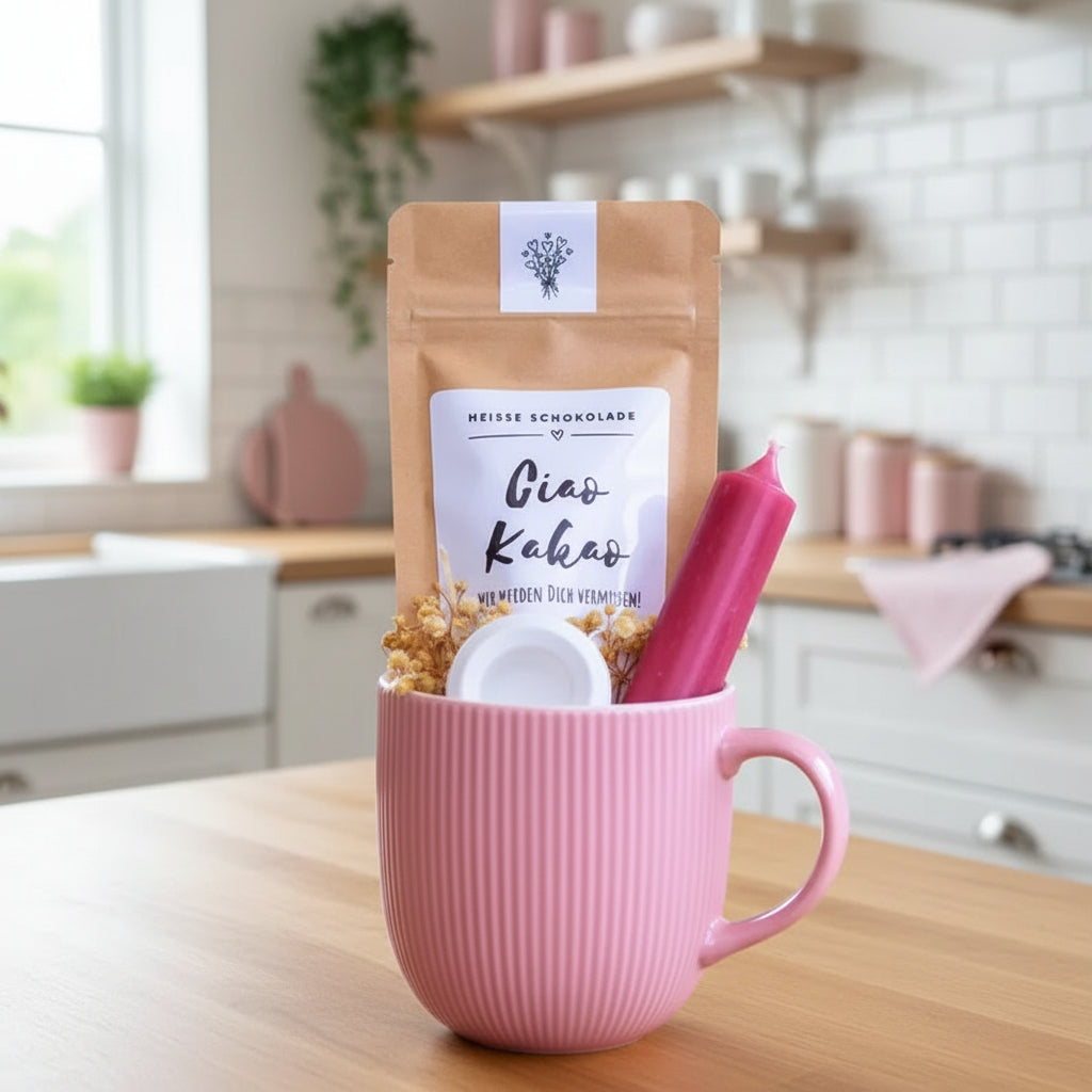 Abschiedsgeschenk Kollegin & Kollege | Geschenkset zum Abschied | Büro Geschenk mit Tasse, Kerze & Kakao